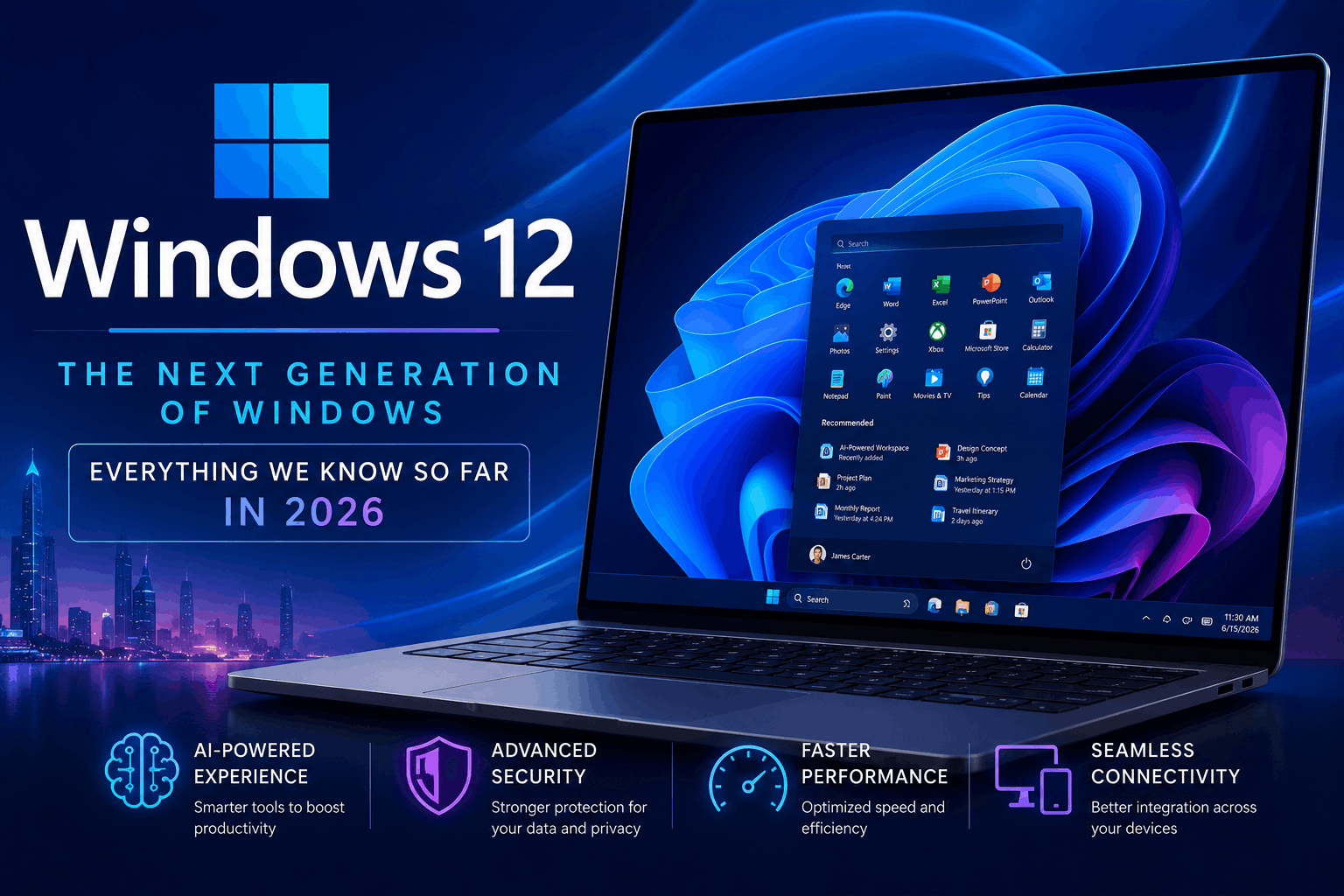 Windows 12 concept showing a modern laptop with an AI-powered interface, advanced security, and next-generation productivity features in 2026.