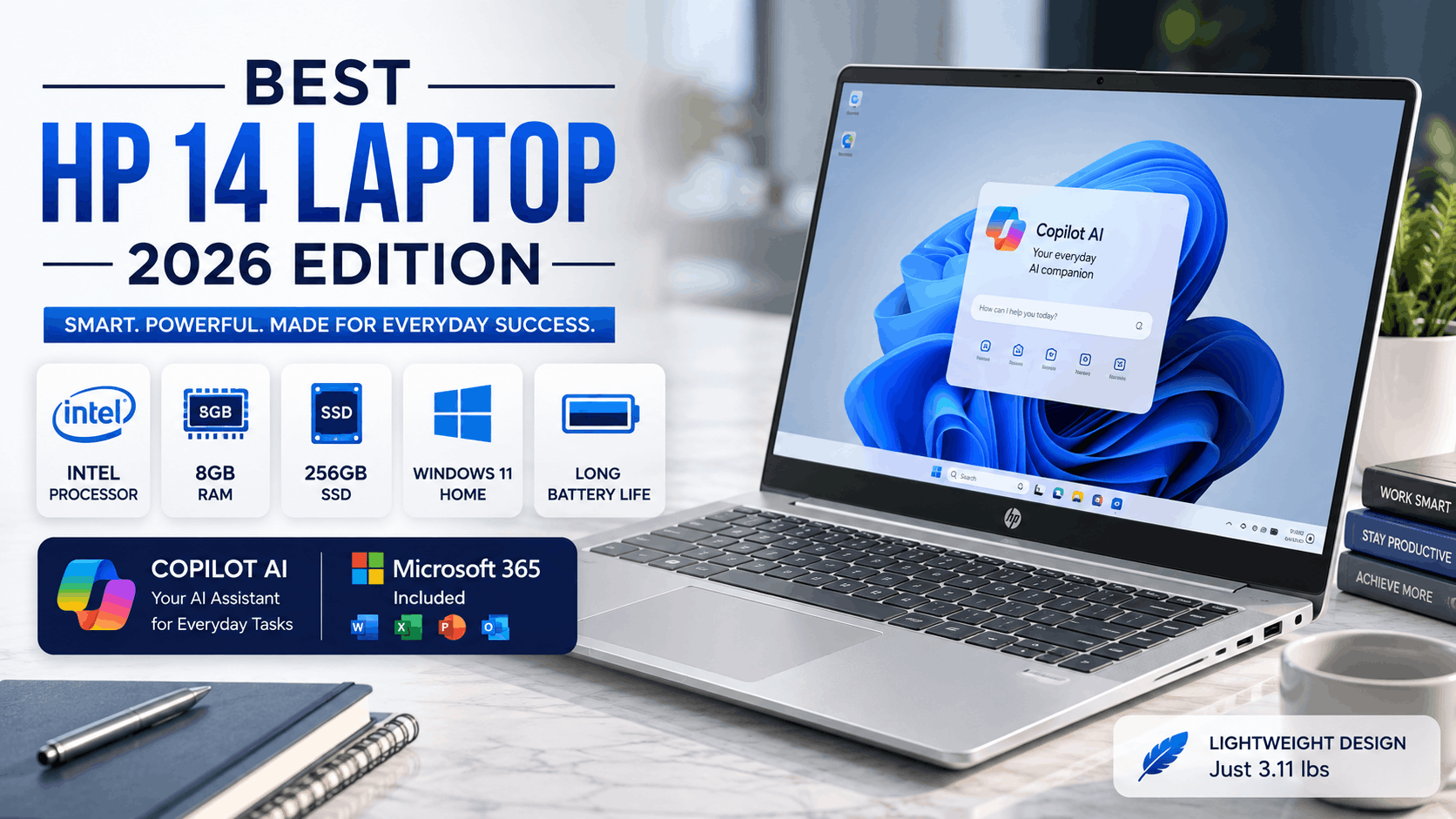 Best HP 14 Laptop 2026 with Intel processor, 8GB RAM, 256GB SSD, Windows 11 and Copilot AI
