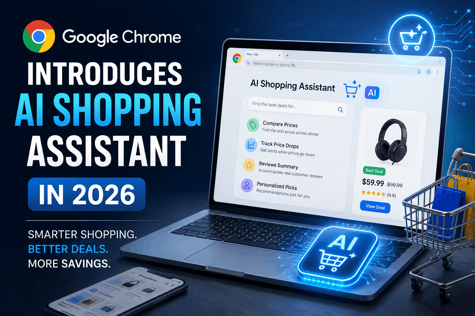 Google Chrome AI Shopping Assistant 2026 helping users compare prices and find the best online deals.