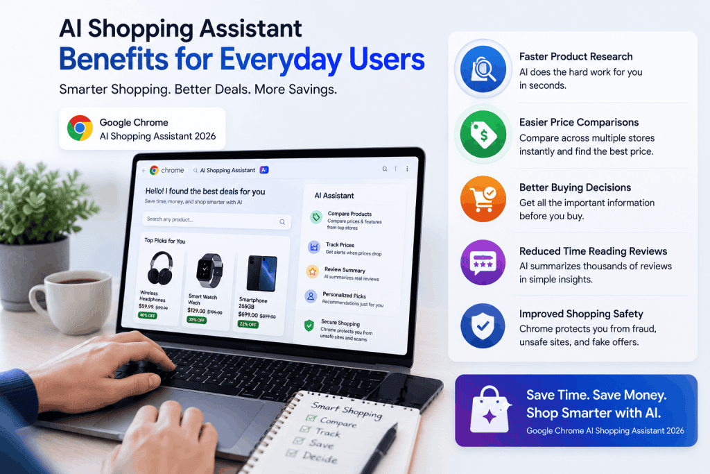 Google Chrome AI Shopping Assistant comparing products and helping users find the best online shopping deals in 2026