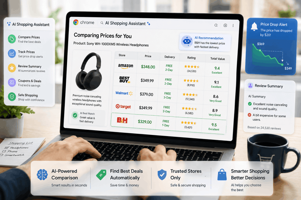 Google Chrome AI Shopping Assistant showing smart product comparison and price tracking features