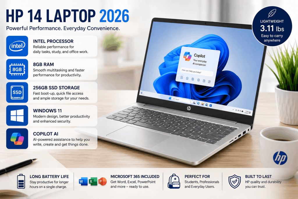 HP 14 Laptop 2026 showing Intel processor, 8GB RAM, 256GB SSD, Windows 11 and Microsoft Copilot AI