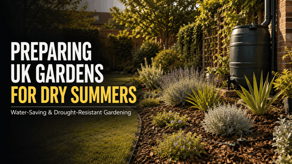 Drought-resistant UK garden with water-saving features in 2026